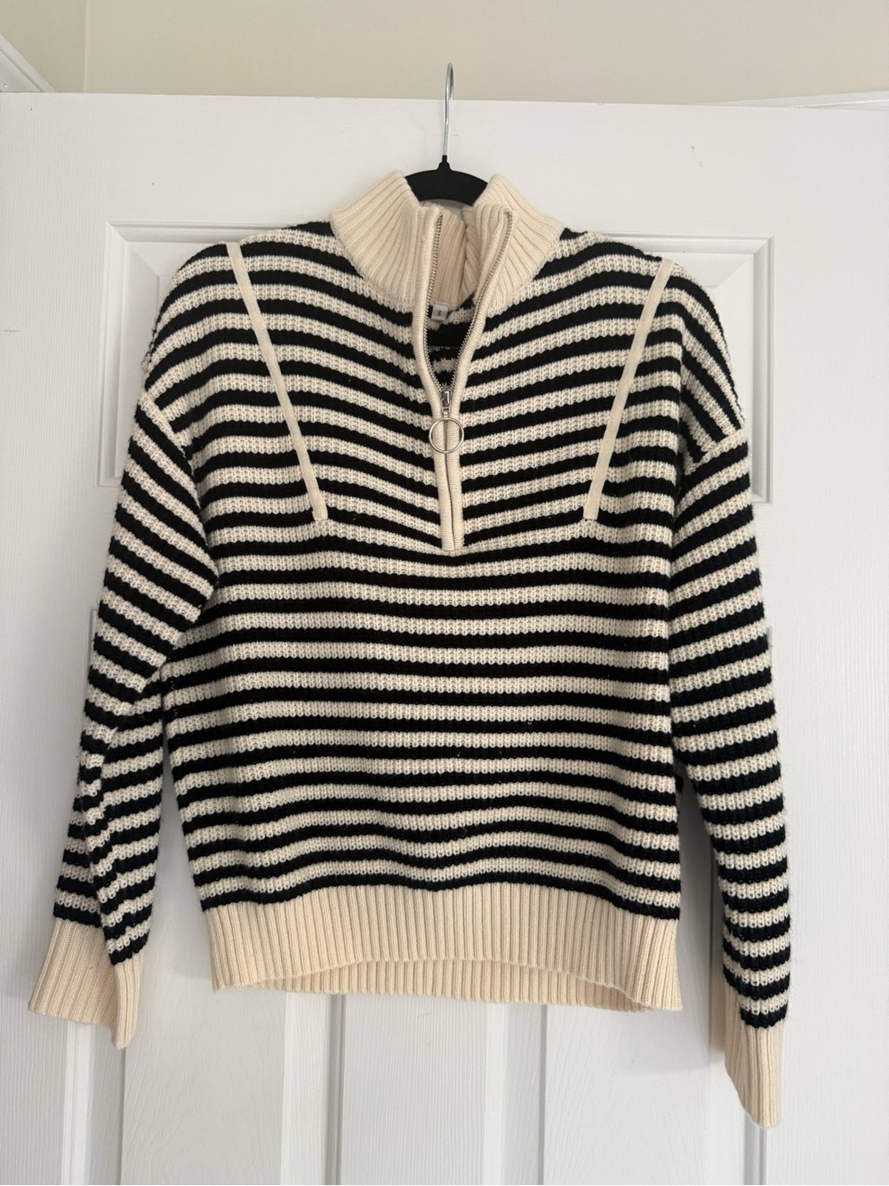 Striped Half-Zip Knit Sweater in Black and Cream
